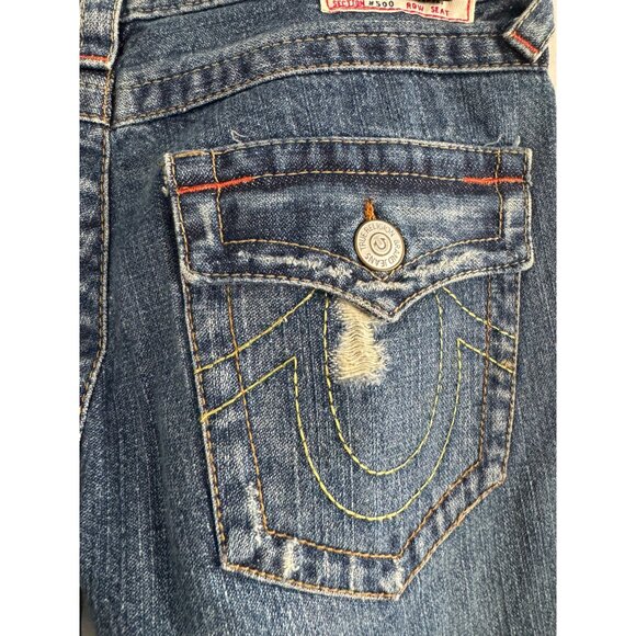 vintage True Religion Women’s Distressed Flare Jeans Size 28 Blue Denim Made In - Picture 11 of 11